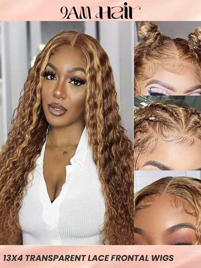 4/27 高光深波浪真人发假发，180% 密度，13x4 透明蕾丝前假发，预先拔毛，巴西 4/27 棕色真人发假发，女士款