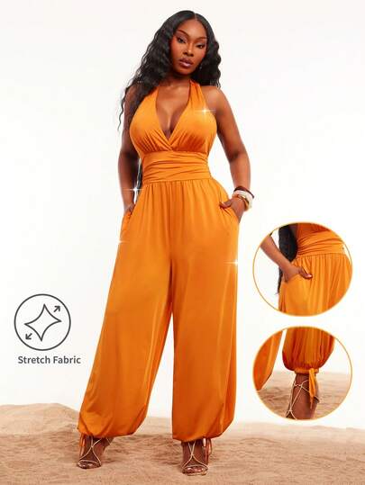 Radiana Bộ jumpsuit nữ cỡ lớn thời trang, gợi cảm, thanh lịch, kiểu cổ yếm, hở lưng, ống rộng, thích hợp cho kỳ nghỉ xuân/hè.