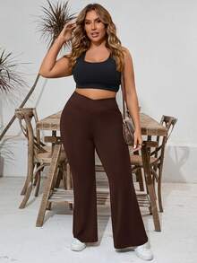 EMERY ROSE Quần legging dài đến mắt cá chân dáng loe, cạp cao, thiết kế đan chéo, dành cho nữ cỡ lớn, màu nâu. - Cà phê nâu - Xem 8