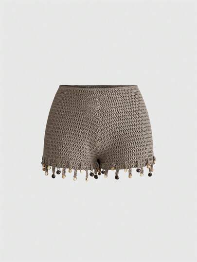 ROMWE Hippie Quần short nữ gợi cảm kiểu dáng nghỉ dưỡng, cạp siêu thấp, đính mặt dây chuyền hình vỏ sò, chất liệu dệt kim ôm sát.