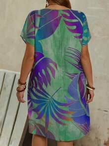 EMERY ROSE Plus Size Women's Double Pocket Fashionable V-Neck Loose Summer Printed Country Dress - Green - View 2