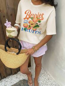 Aloruh 宽松休闲极简热带水果桃子印花圆领短袖T恤，法式里维埃拉度假图案T恤，海滩度假装扮，女士夏季穿搭，夏季女士T恤，沙滩T恤，女士T恤，海滩风穿搭 - 杏色 - 查看 8
