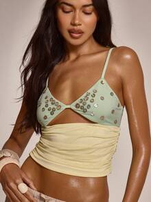 MUSERA 饰有贝壳纽扣的露胸前褶皱修身上衣，可爱春夏性感，适合外出、海滩度假、蜜糖潮汐 - 彩色 - 查看 2