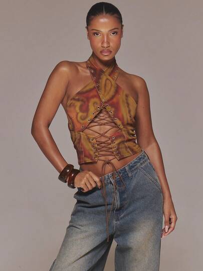 MUSERA Abstract Print Eyelet Trim Wraparound Cut Out Denim Top Spring Summer Sexy Date Night Club Festival Holiday Night Out Vacation Soul Ties