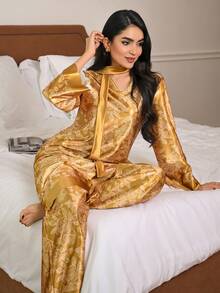 DAZY Bộ đồ ngủ nữ thanh lịch gồm áo dài tay và quần dài, họa tiết hoa jacquard. - Hồng - Xem 10