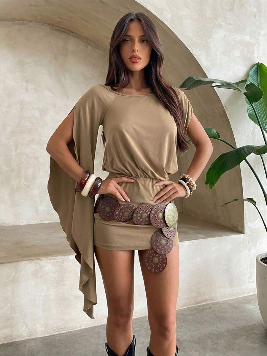 Aloruh Women's Khaki Autumn Boho Chic Vacation Holiday Elegant Y2K Off-Shoulder Asymmetric Ruffle Sleeve Bodycon Mini Dress