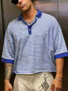 Manfinity Dauomo Casual Fashionable Men's Striped Print Retro Short Sleeve T-Shirt, Spring/Summer - Blue and White - View 6
