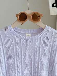 SHEIN Áo thun tay ngắn cổ tròn dáng rộng thoải mái cho bé gái tuổi teen, chất liệu vải có họa tiết. - Màu tím hoa cà - Xem 7