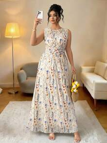 Elenzga Đầm maxi dáng chữ A không tay, cổ tròn, xếp ly, thắt eo, màu mơ, chất liệu lưới hoa thanh lịch dành cho nữ cỡ lớn, phù hợp cho các buổi họp mặt gia đình, trang phục dự tiệc cưới, tiệc tùng, đầm dự tiệc sang trọng. - Màu be - Xem 9