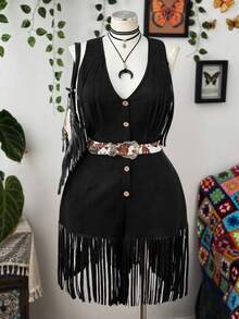 Sunspun Bộ jumpsuit cỡ lớn chất liệu giả da lộn, màu trơn, phong cách Bohemian, không tay, cổ chữ V, eo rút dây, viền tua rua dành cho nữ, quần áo nữ, trang phục miền Tây cho nữ, trang phục đi nghỉ mát cho nữ, quần áo phong cách rock cho nữ, quần áo nữ cá tính, trang phục miền Tây cho nữ, bộ romper tua rua cho nữ, bộ jumpsuit đen cho nữ. - màu đen - Xem 7