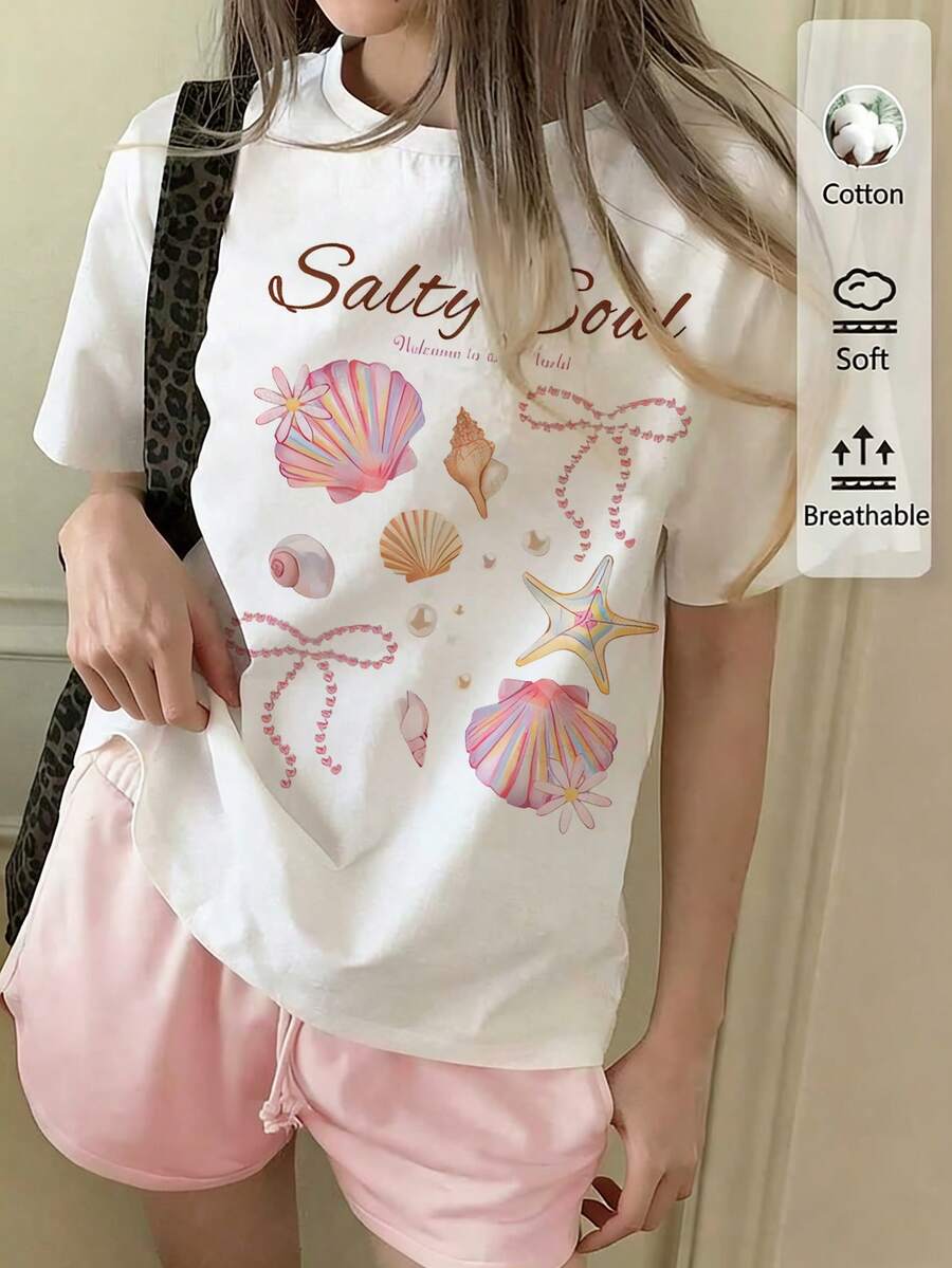 Sparklyn 少女贝壳印花短袖上衣，休闲舒适，适合春夏穿着，时尚百搭，适合户外活动、野餐、街头摄影、度假，也是馈赠佳品。 - 白色 - 查看 1
