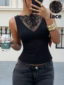 Siren Gaze 女士无袖蕾丝拼接衬衫，春夏款 - 黑色 - 查看 9