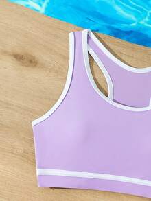 SHEIN Tween Girls' Summer Vacation Contrast Trim Halter Bikini Set - Purple - View 4