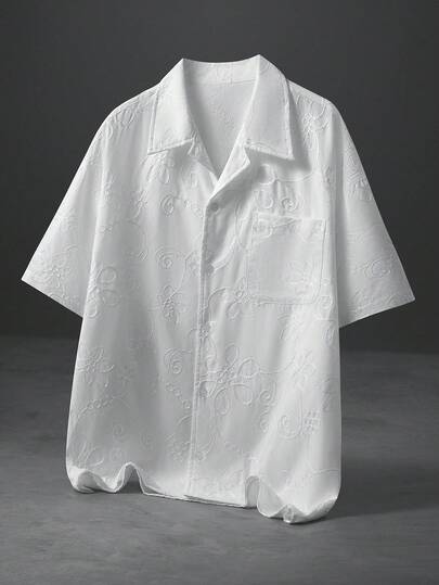 PAVTROS 男士休闲花卉刺绣纯色贴袋短袖衬衫，夏季