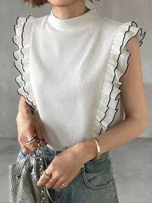 FRIFUL Women's Turtleneck Ribbed Tank Top With Mesh Ruffle Trim Sleeveless Layered T-Shirt - White - View 3
