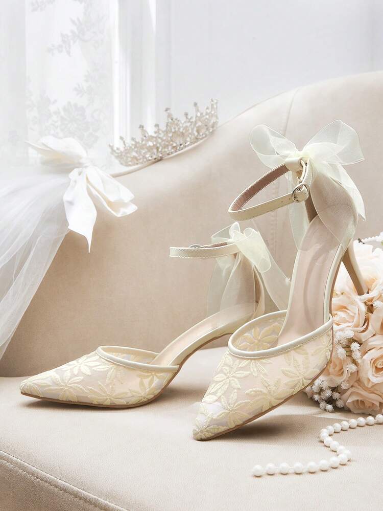 CUCCOO HITCHD Pointed Toe Slim High Heel Hollow Out Lace & Mesh Bowknot Apricot Color Wedding Party Elegant Lady High Heel Pumps For Christmas Elegant Shoes Wedding Shoes Summer Shoes Bride Shoes