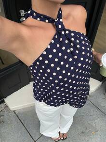 SHEIN EZwear 大码波点印花休闲无袖吊带上衣 - 藍色 - 查看 2