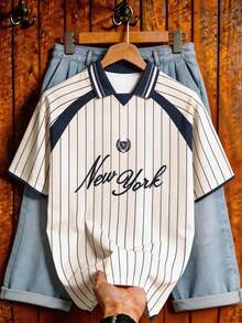 Aesthetic Post 复古美式字母徽章条纹 Polo 衫，夏季撞色宽松休闲棒球短袖上衣，休闲运动衫 - 彩色 - 查看 5