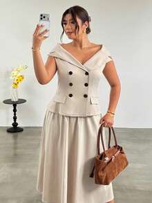 Firerie Plus Size Women's Beige Summer Smart Casual Office Elegant Minimalist Off-Shoulder Blazer Double-Breasted Jacket & High-Waist Umbrella Skirt Set - Khaki - View 4