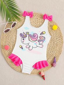 Girls' One-Piece Swimsuit, Cute Cartoon Digital Print, Matching Family Beach Vacation - White - View 1