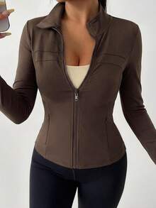运动跑步瑜伽修身长袖外套 - 咖啡棕 - 查看 3