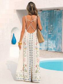 Vivid Eden V领露背休闲纹理面料连衣裙，适合女士外出和度假穿着 - 杏色 - 查看 6