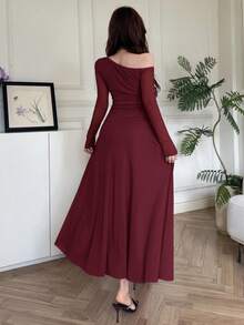 Feyla Women's Solid Color Asymmetric Shoulder Long Sleeve Floral Decor Elegant Dress - Burgundy - View 3