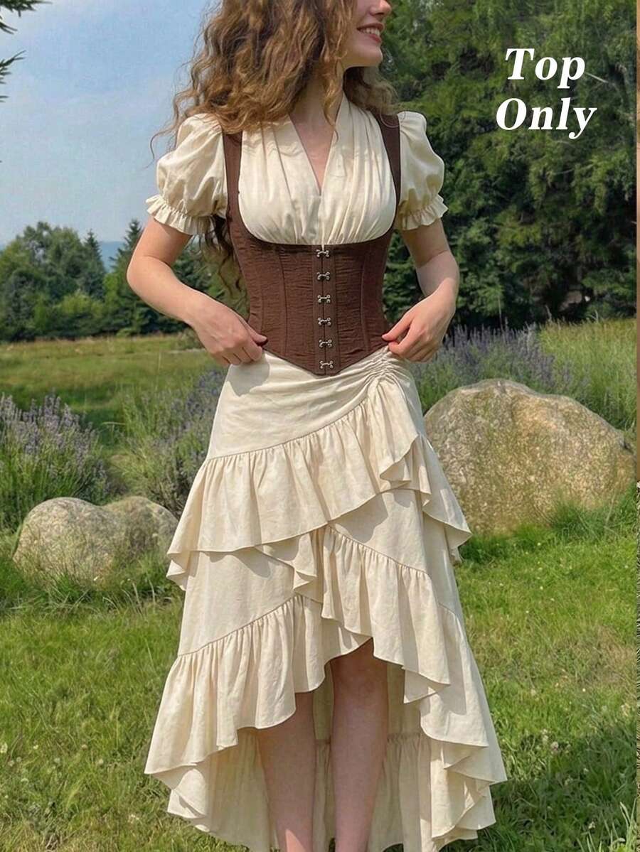 SHEIN MOD 女士撞色简约短袖衬衫，休闲装 - 杏色 - 查看 1