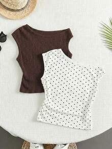 SHEIN 4件套少女白色针织休闲简约波点印花不对称褶皱短款上衣，适合春夏穿着，休闲百搭，可打造个性造型，日常穿着。另有棕色少女短款波点上衣，适合夏季穿着。Y2K度假风，2026春夏潮流，哥特风，街头风，酒红色，假日复古波西米亚风，节日派对，可爱生日装，男童简约休闲舒适款。 - 白色 - 查看 3