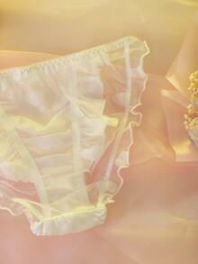 White Satin Mesh Splice Sheer Ruffle Trim Elegant Bridal Panties - White - View 3