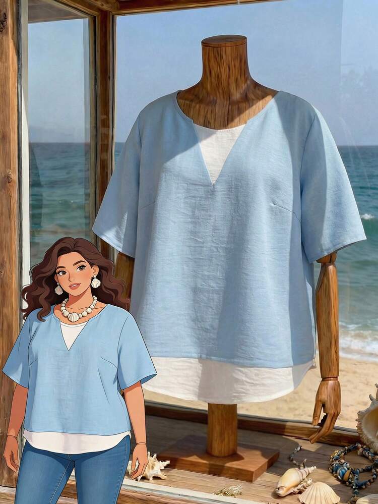 Plus Size Casual Blue White Long Blouse With V Neck And Short Sleeves Made Of Woven Fabric For Women