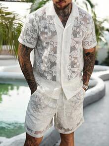 VENTUSAIL Chemise à manches courtes à simple boutonnage et short à taille élastique avec poches pour hommes, tenue décontractée pour la vie quotidienne et les vacances - Nude - Voir 7