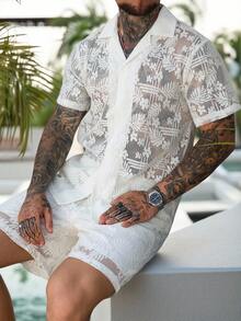 VENTUSAIL Chemise à manches courtes à simple boutonnage et short à taille élastique avec poches pour hommes, tenue décontractée pour la vie quotidienne et les vacances - Nude - Voir 8