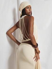 MUSERA High Neck Voluminous Ruched Waistband Panelled Open Back Top Cute Holiday Sexy Night Out Vacation Spring Summer Elegant Soleil Drape - Light Yellow - View 1