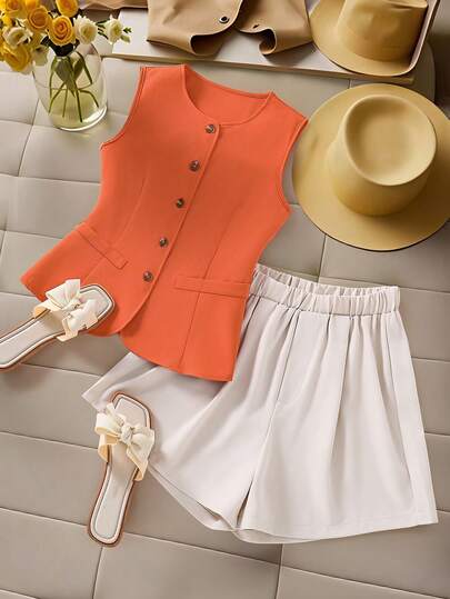 SHEIN Set de 2 piezas de chaleco y pantalones cortos con estampado de monedas vintage para adolescentes, conjunto casual cómodo para uso diario y vacaciones de verano