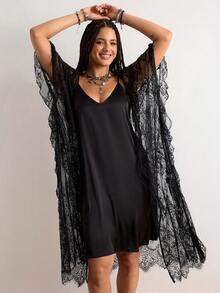 Freevana 波西米亚风春夏新款音乐节蕾丝薄纱连衣裙，V领荷叶边宽松罩衫，层叠度假风优雅长裙 - 黑色 - 查看 1