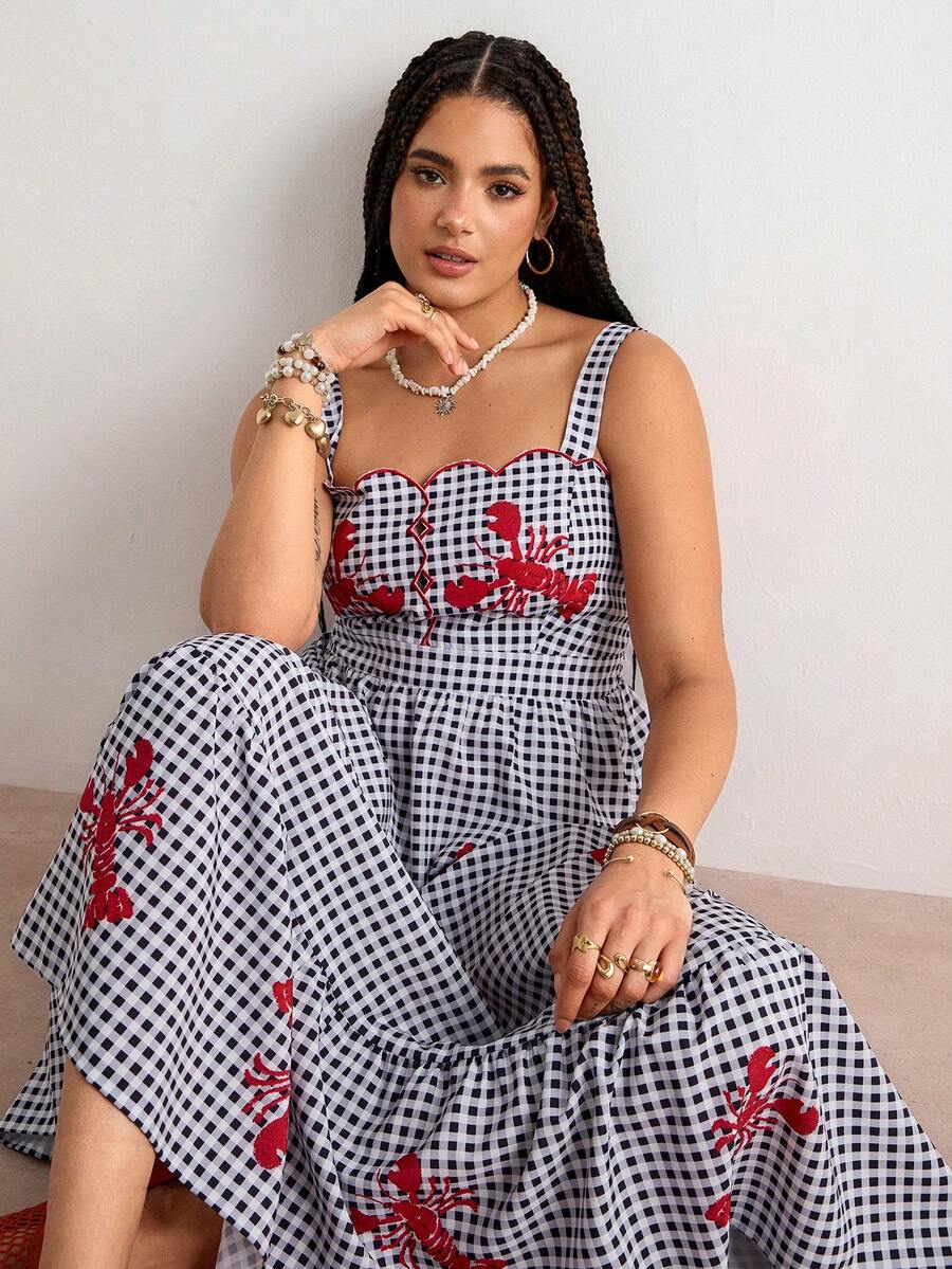 Freevana 大码女式杏色热带花卉印花连衣裙，长吊带连衣裙，适合早春穿着 - 黑與白 - 查看 1