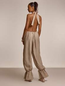 MUSERA 裹身露背宽松低背收口袖口连体裤，可爱春夏性感海滩度假休闲装 - 灰色 - 查看 4