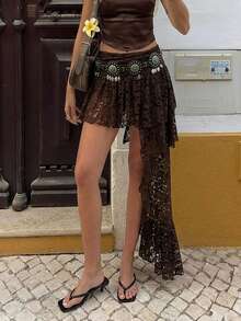 Aloruh Women's Asymmetrical Hem Ruffled Hem Bohemian White Lace Dress, Spring/Summer - Coffee Brown - View 1