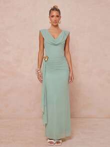 Lumalex 女士纯色金属装饰褶皱优雅长款飘逸领连衣裙 - 綠色 - 查看 4