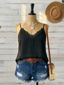 Mellowie 大码女式V领蕾丝拼接黑色底夏季纯色吊带背心，优雅适合度假、约会、派对等场合，时尚百搭。 - 黑色 - 查看 1