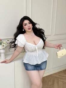 Vibekara Plus Size Diamond Collar Front Drawstring Embroidered Waist Double Ruffle Sleeve Blouse - White - View 5