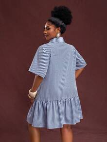 Slaydiva Plus Size Summer Casual Striped Front Button Dress - Royal Blue - View 2