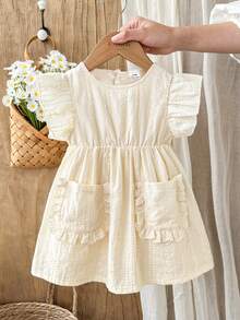 Vintaside Kids Baby Girls' Summer Beige Sweet Fresh Jacquard Ruffle Hem A-Line Dress, Loose Fit, Suitable For Daily Outings, Casual Trips, Family Gatherings, Birthday Parties - Multicolor - View 5