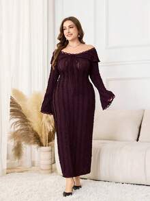 Modelyn Plus Size Women's Off-Shoulder Ruffle Long Sleeve Fitted Lace Patchwork Elegant Dress - Red Violet - View 4