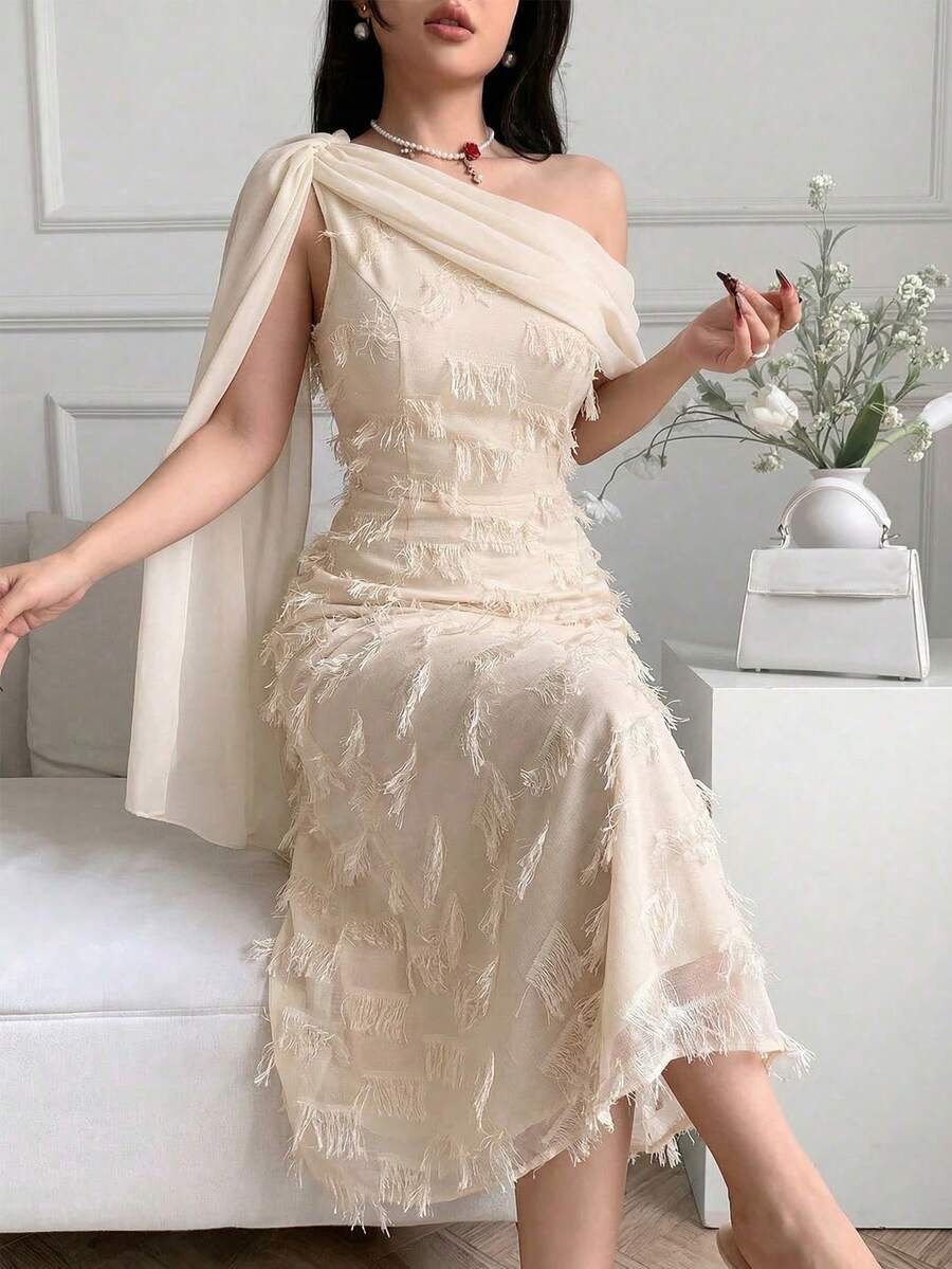 Feyla 女士不对称领口流苏拼布系带优雅中长连衣裙 - 杏色 - 查看 1