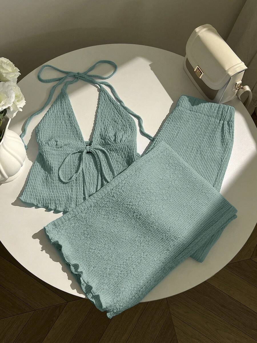 Elamini Textured Fabric Pleated Halter Loose Wide Leg Pants Set - Green - View 1