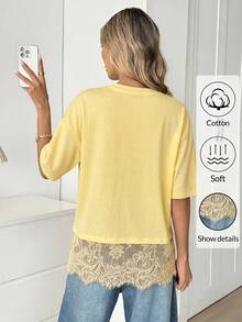 Easowa Áo thun nữ tay ngắn màu đen, cổ tròn, viền ren, dáng rộng. - Màu vàng ngỗng - Xem 2