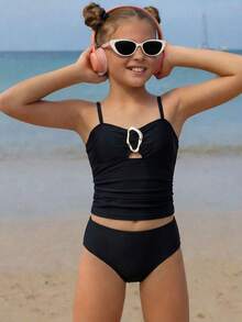 Tween Girl Vacation Beach Camisole Tankini Set - Black - View 1