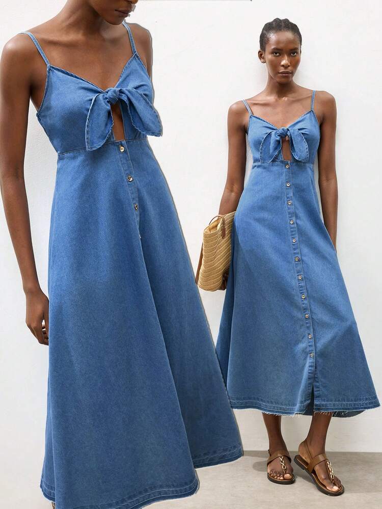 SHEIN Maija Women's Light Blue Denim Dress, Spaghetti Strap Maxi Dress, Summer Vacation Style Dress, Bow Tie. Bow Dress, Tie Front Denim Dress